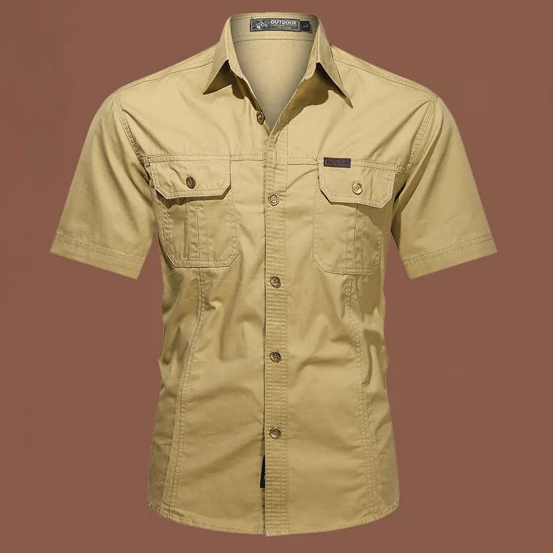 Men's loose fit cotton short sleeve work shirt in army green with non-iron treatment