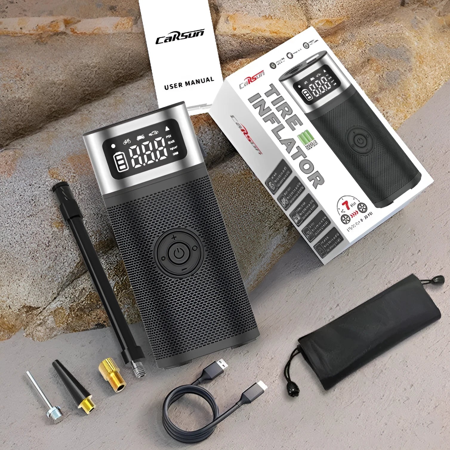 Black portable wireless smart air pump with USB Type-C charging cable, 15cm tube, and multiple inflation nozzles.