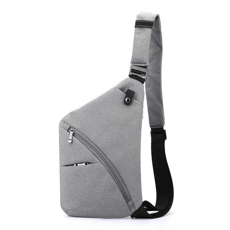 Men's grey oxford cloth shoulder chest bag with letter pattern, shown in left shoulder configuration