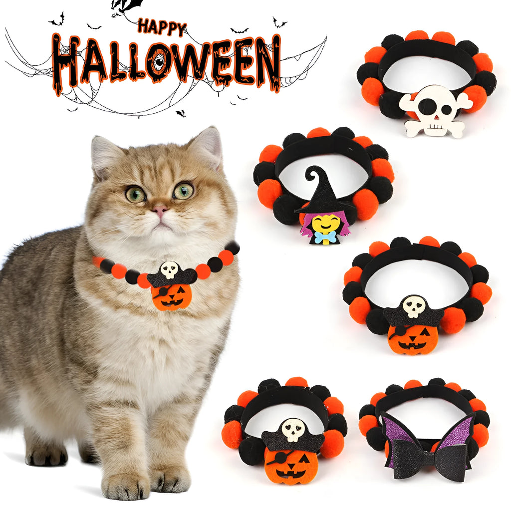 Halloween pet collar with soft fur ball pumpkin accessory in orange, sized on a dog's neck.