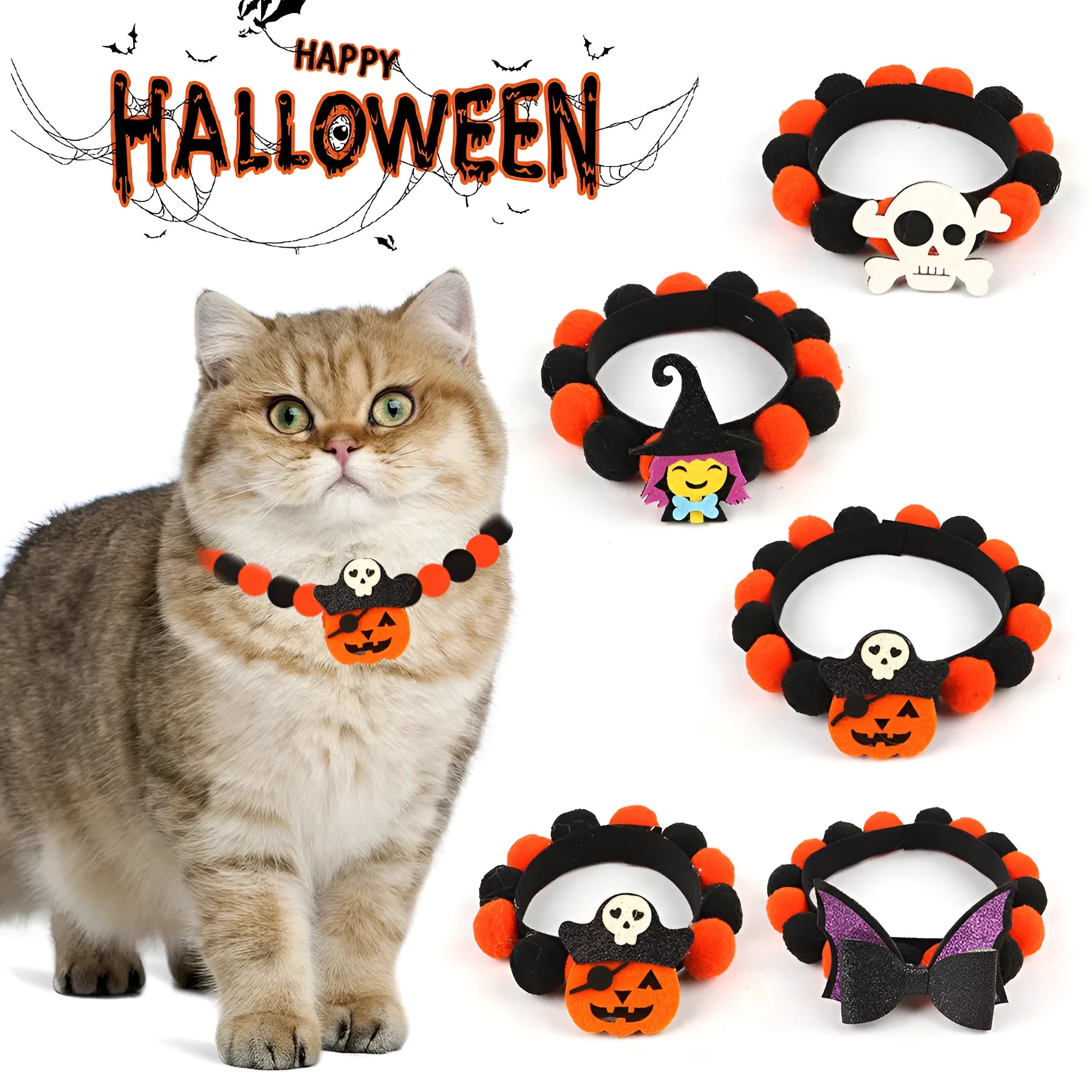 Halloween pet collar with soft fur ball pumpkin accessory in orange, sized on a dog's neck.