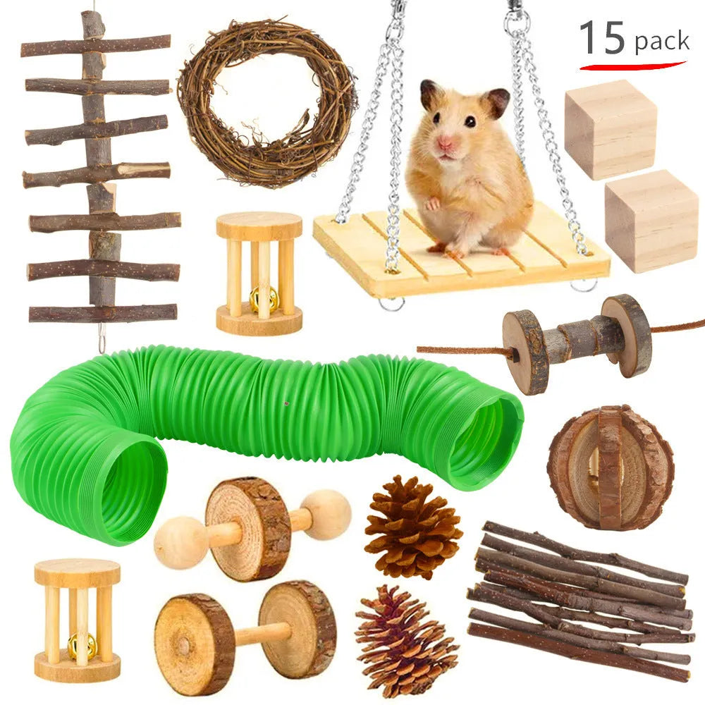 Wooden pet chewing toys bundle for rabbits guinea pigs and parrots with natural wood materials