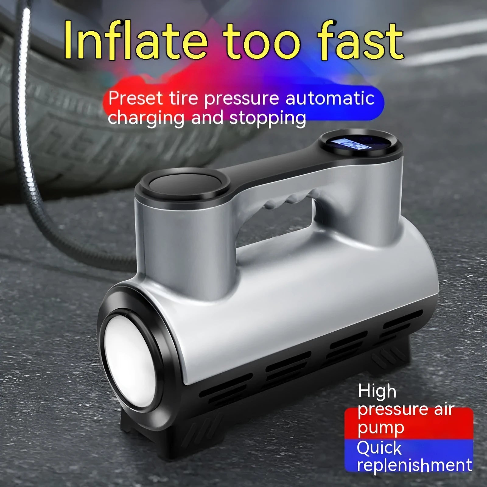 12V portable car tyre inflator with digital display, ABS housing, three air nozzles, and built-in lighting
