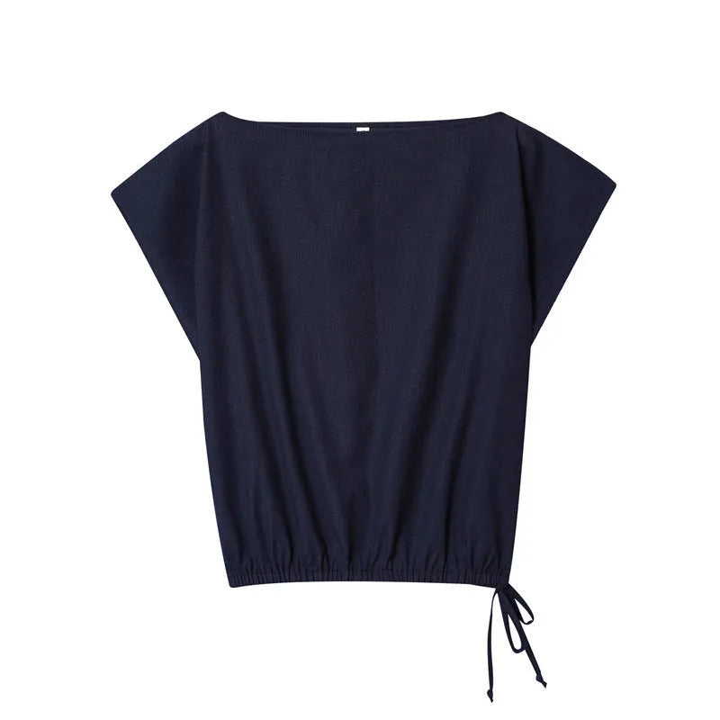 Women's linen-style shirt and wide leg trousers set in coordinating colours with flounce sleeves