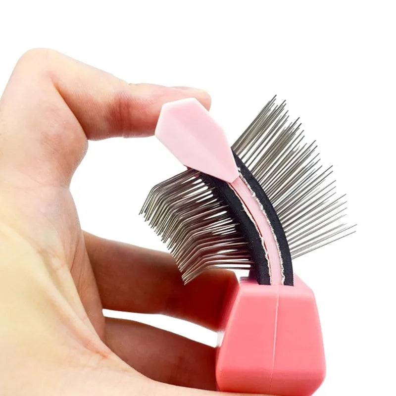 Double-sided pet brush with stainless steel pins and blue ergonomic handle for dog and cat grooming