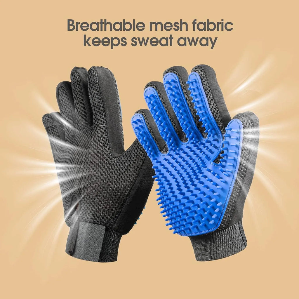 Blue pet grooming gloves with silicone tips for gentle hair removal from dogs and cats