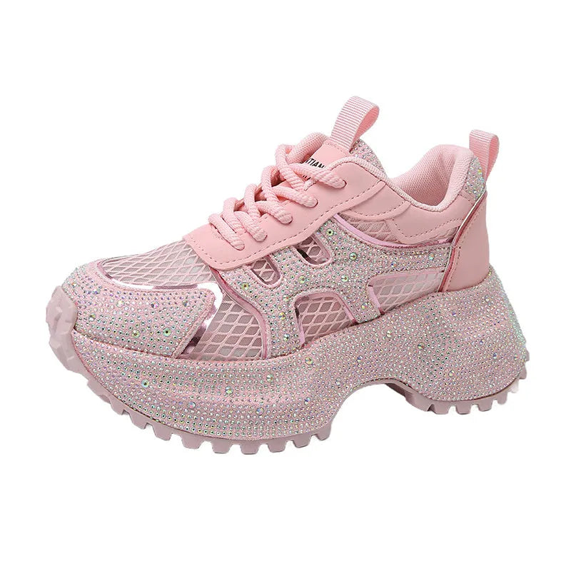 TIANXIU women's chunky platform sneakers light yellow glitter rhinestone green trim thick white sole lace-up