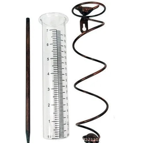 Cast iron garden rain gauge with hummingbird design showing 0-800ml water capacity