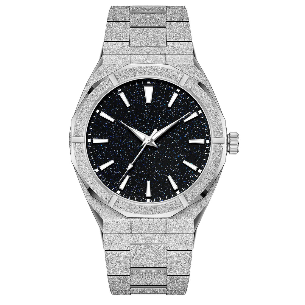 Men's stainless steel business watch with luminous markers and frosted finish