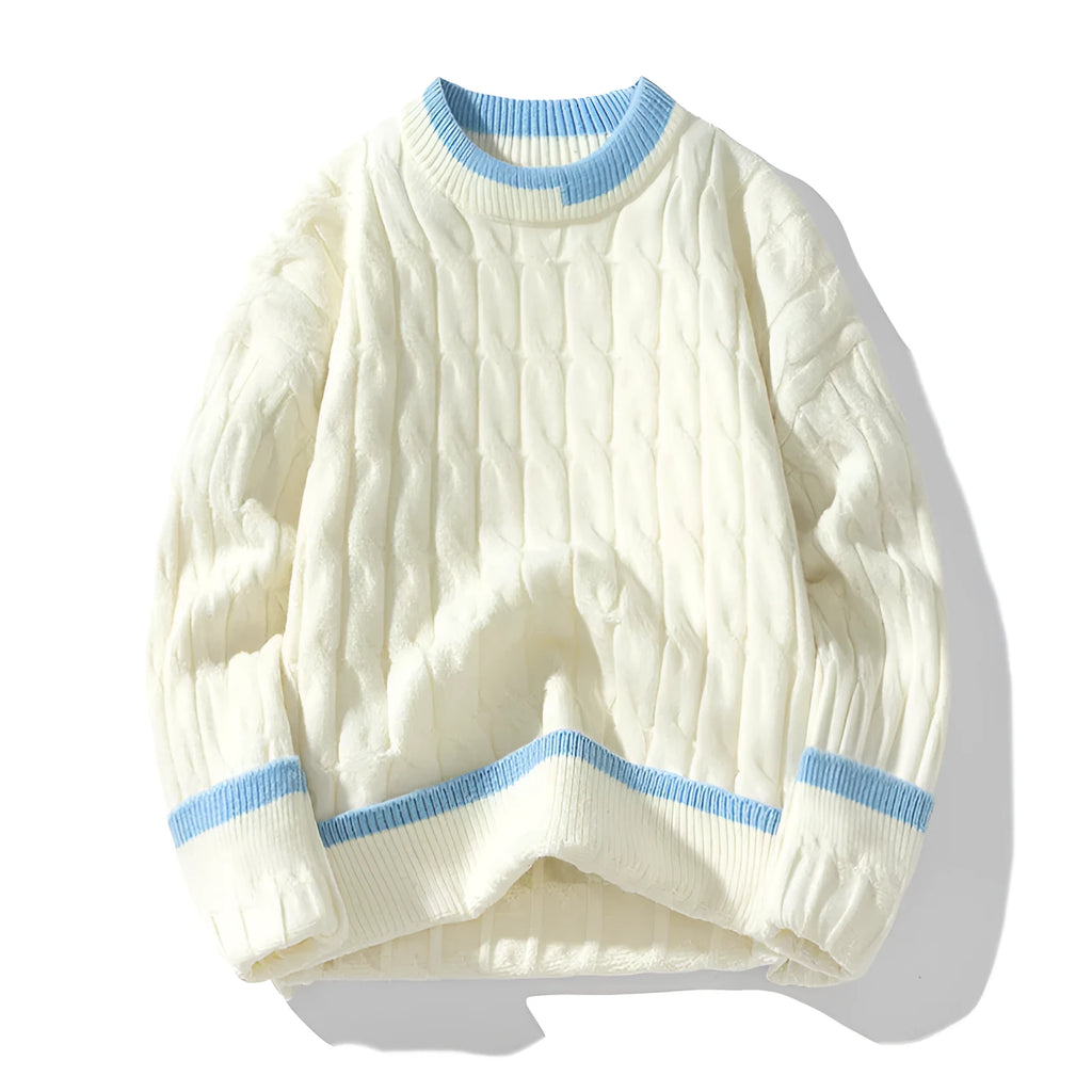Men's loose fit modal acrylic two-piece jumper set in light blue, showing pullover and trousers.
