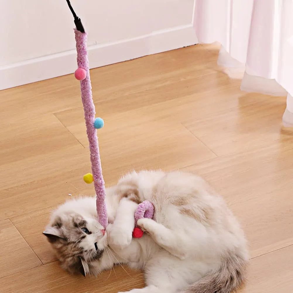 Interactive cat wand toy with blue plush strip, colourful fluffy ball and bell on 41cm pole