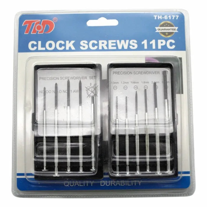 TH-6177 11-piece clock repair screwdriver set with cross-head and flat-head tools.