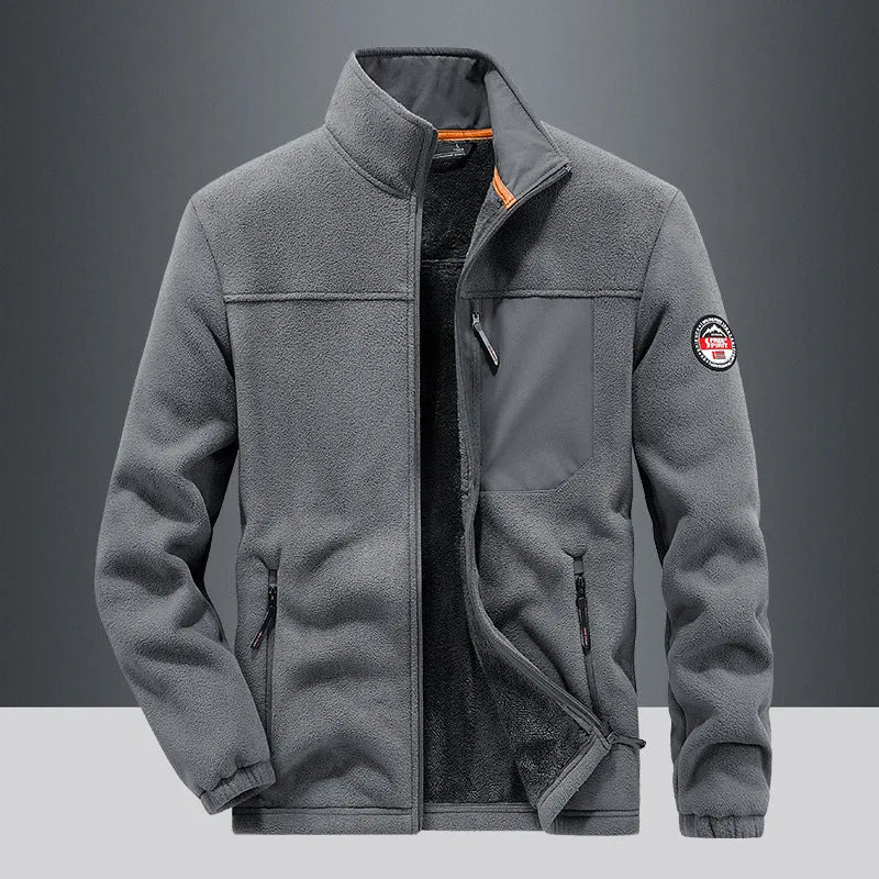 Men's solid colour fleece cardigan jacket with zipper pockets in thickening spandex fabric