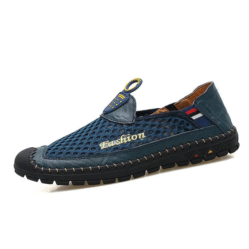 Men's brown breathable mesh casual shoes with round toe and non-slip rubber sole