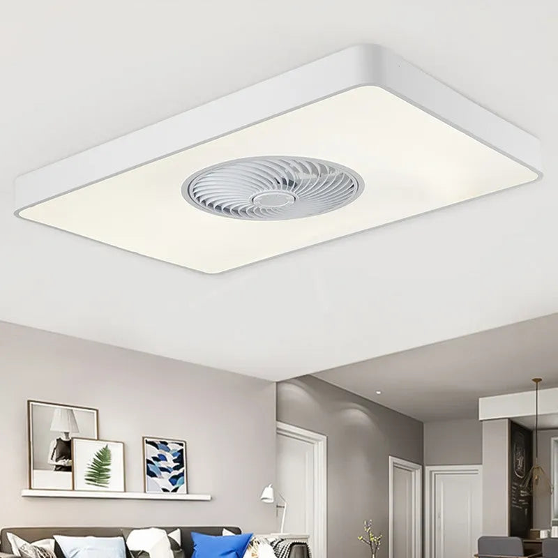 Nordic-style ceiling fan light with solid wood blades, shown in rectangular, round, and square shape options.