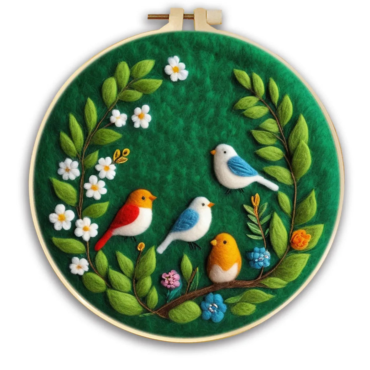 Round linen embroidery kit with wool felt pieces for 3D flowers and leaves, includes a free frame.