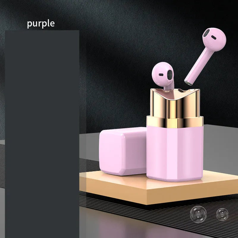 Lipstick-style wireless Bluetooth earbuds in charging case with curved in-ear design available in four colours