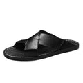 Men's black pigskin leather slip-on sandals with frosted finish and rubber sole