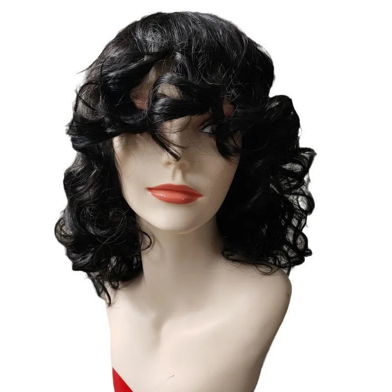 Black synthetic Afro wig with curly texture and heat-stylable high-temperature fibre construction