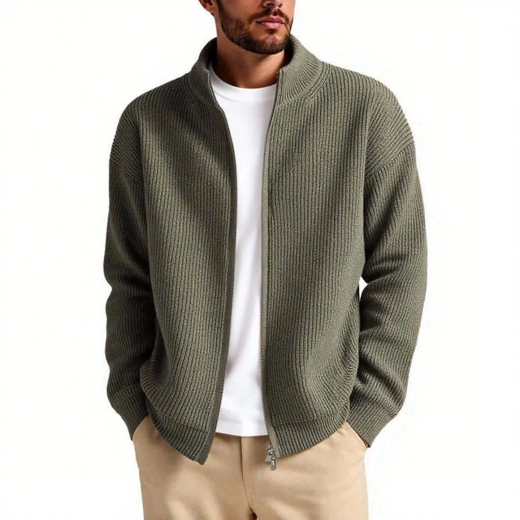 Men's loose grey cardigan sweater coat on hanger showing acrylic blend fabric texture