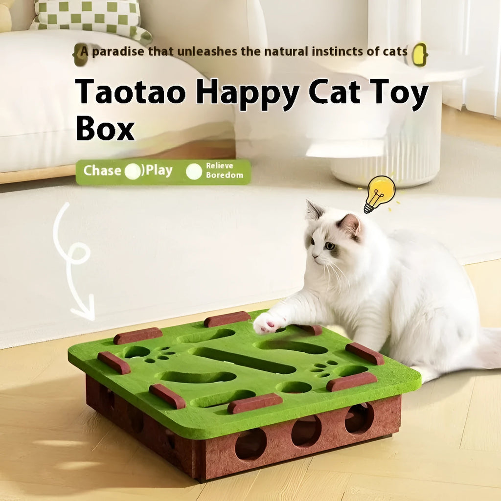 Square felt cat toy box with holes for interactive play in grey colour