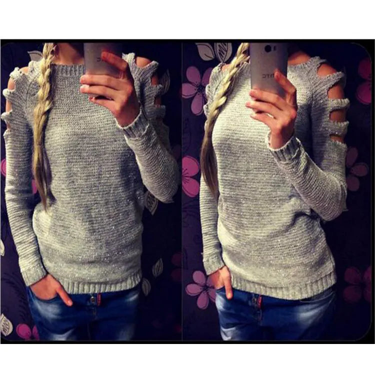White women's knitted shirt with hollow-out sleeves and round neck