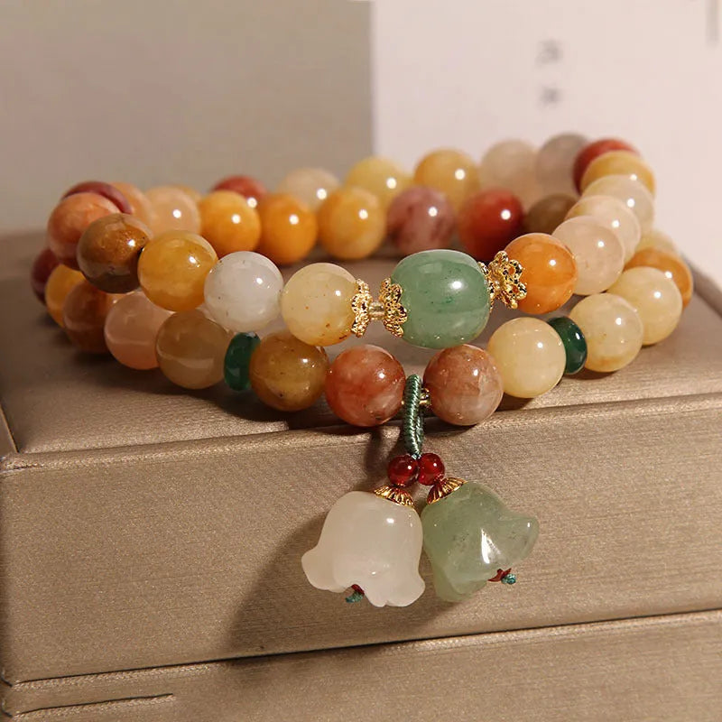 Women's natural jade bracelet with orchid pendant and multi-bead layers