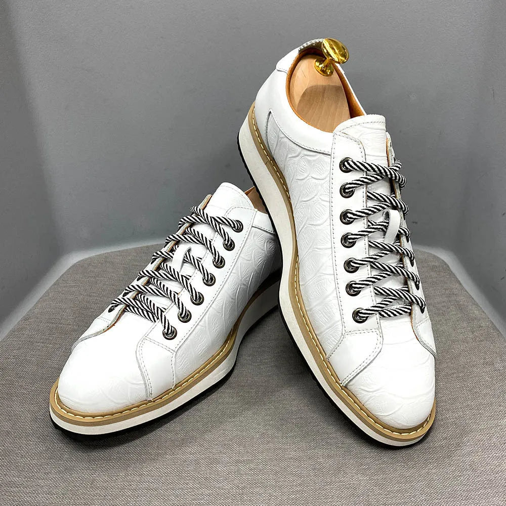 Men's fashion shoes with embossed pattern, low-tube design, and front tie closure in multiple colour options