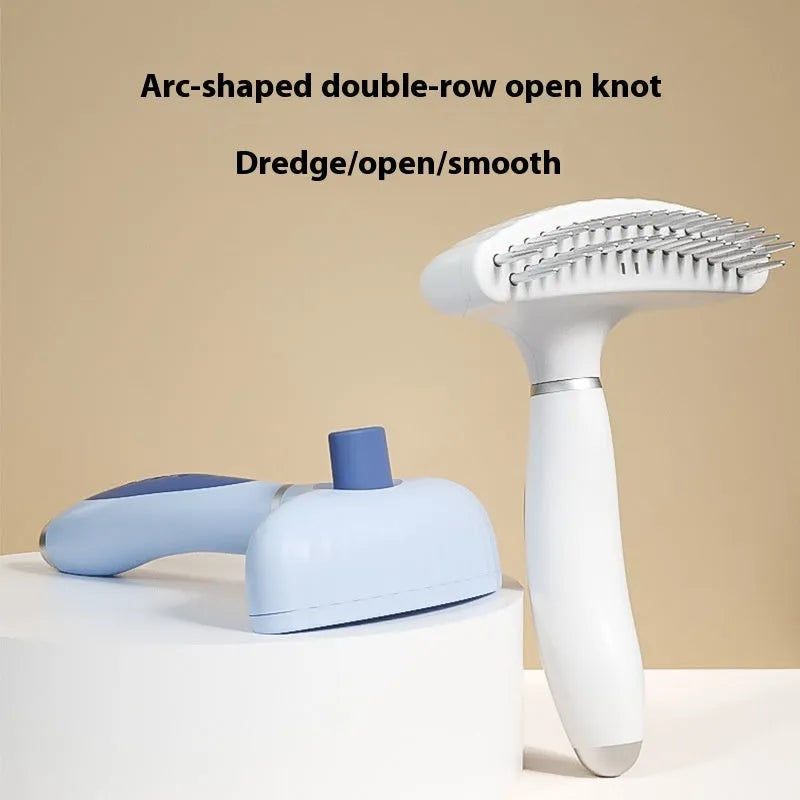 Stainless steel double-row dog grooming comb in azure light blue colour for hair removal