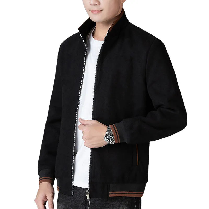 Men's grey polyester fleece jacket with long sleeves and a stick pocket, shown on a hanger.