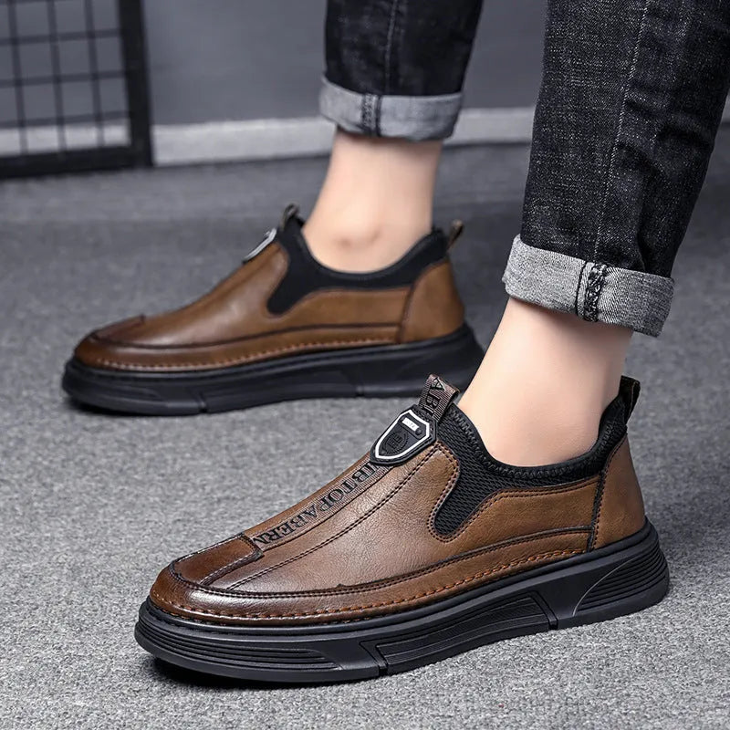 Men's black and brown casual leather shoes with a round toe design