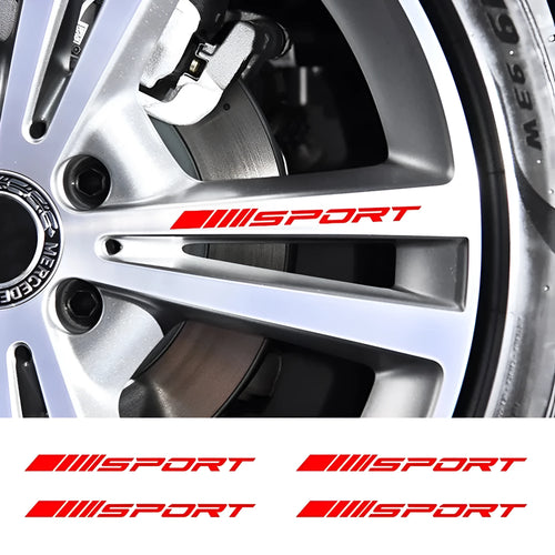 PET car rim stickers with hollow sports design measuring 10cm by 0.7cm in black, red, and white