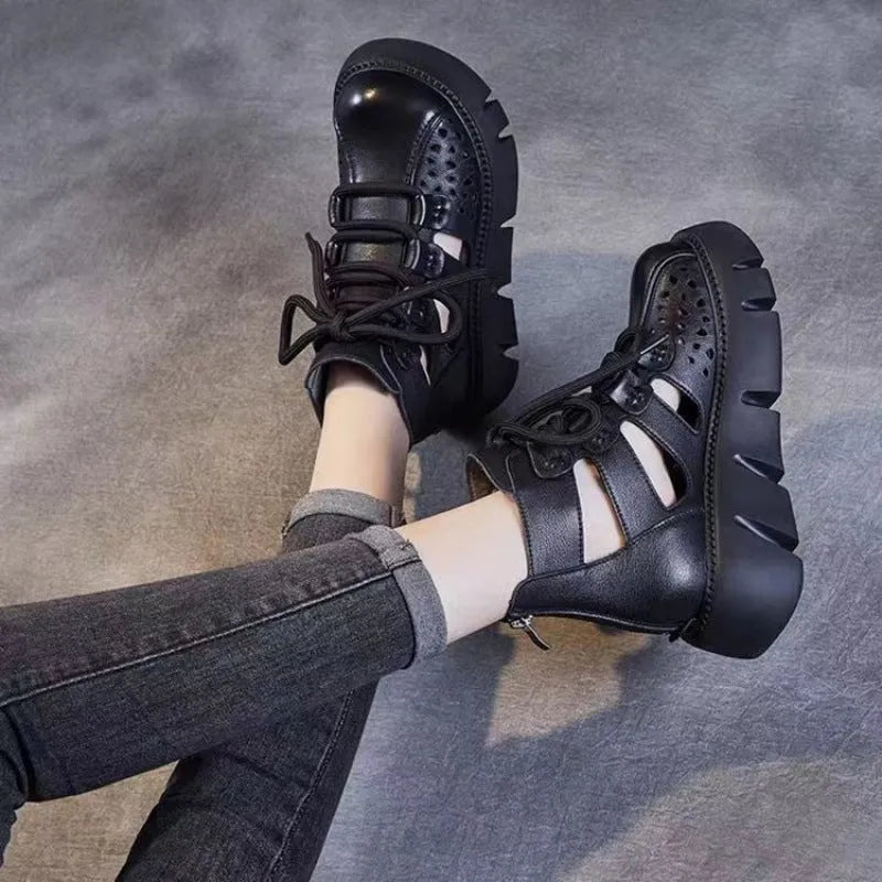 Women's black hollow hole platform sandals with fish mouth toe holder and PU sole
