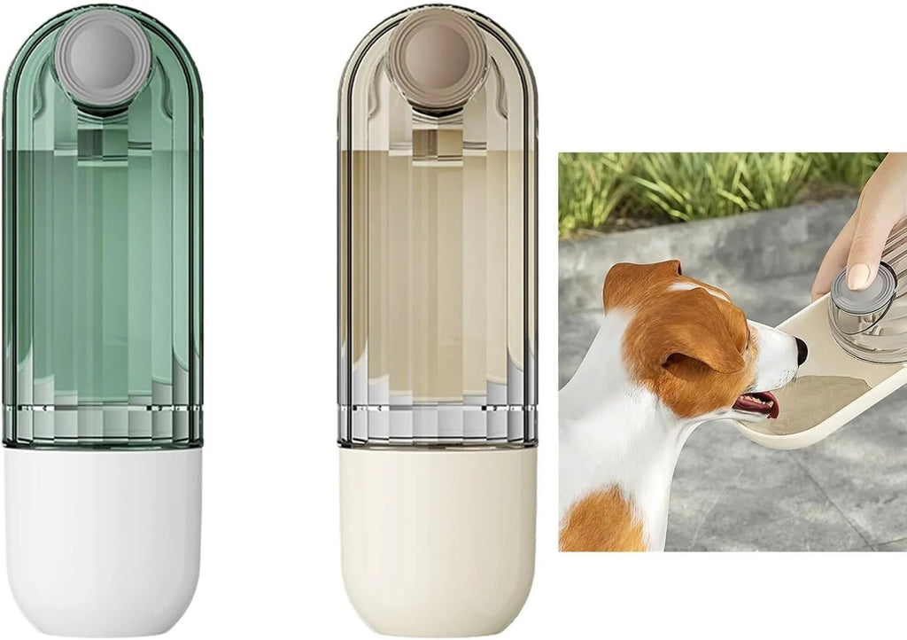 Beige foldable dog water bottle with food container for walking and outdoor travel