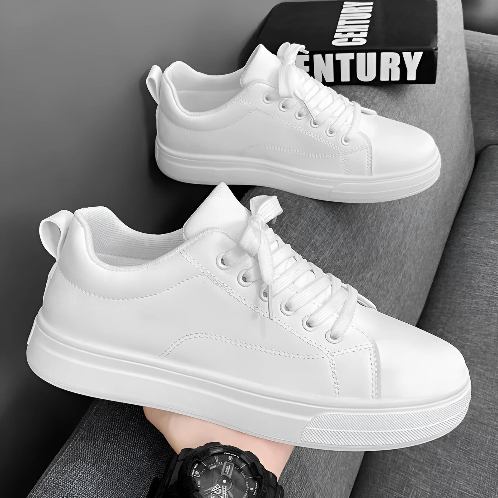 Men's white and black Korean-style low-top sneakers with round toe and rubber sole