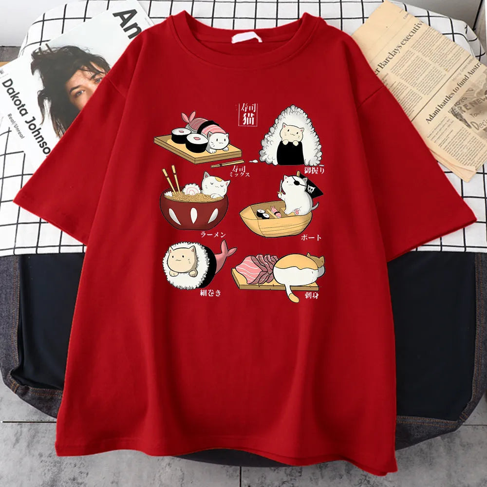 Men's loose fit cotton T-shirt with cat sushi cartoon print in multiple colour options