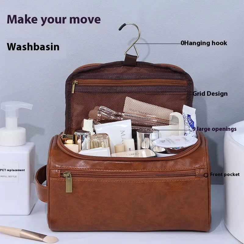 Waterproof cosmetic storage bag in brown PU leather with large capacity interior