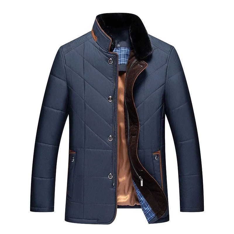 Men's dark blue cotton-padded winter coat with side seam pockets