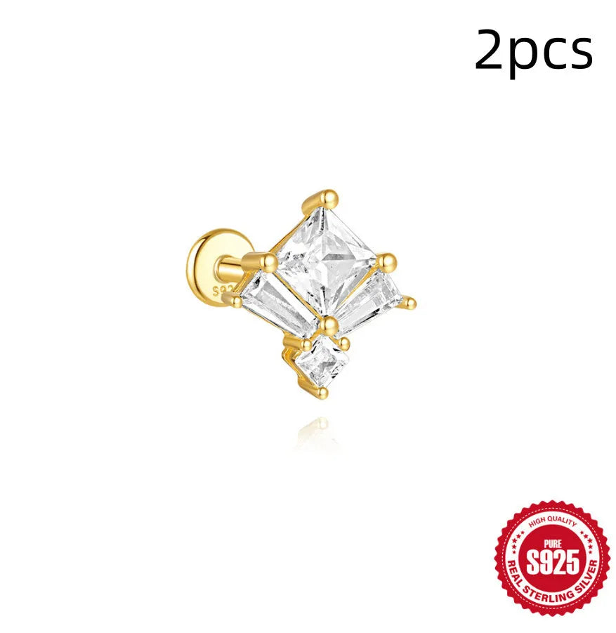 S925 sterling silver geometric earrings with inlaid zircon stones in golden colour variations