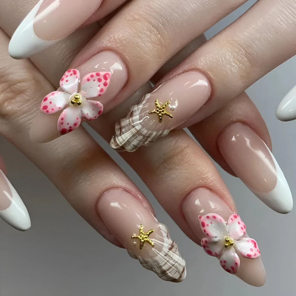Flower French style fake nails with rock pattern patch removable design in W1764 simple flower colour