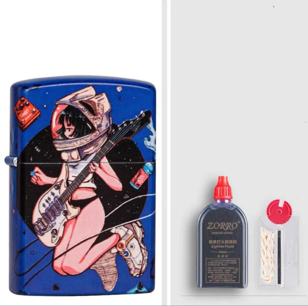 Windproof kerosene lighter with decorative copper case showing artistic design