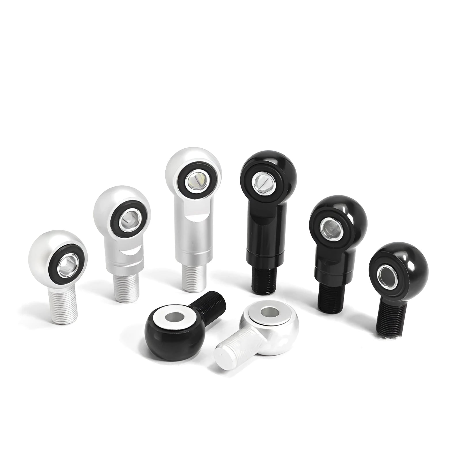 Aluminium alloy motorcycle shock absorber conversion round head in 16mm diameter, shown in black and silver finishes.
