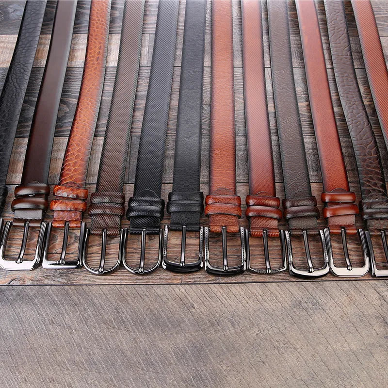 Men's black imitation leather business belt with an alloy pin buckle and laser logo elephant pattern.