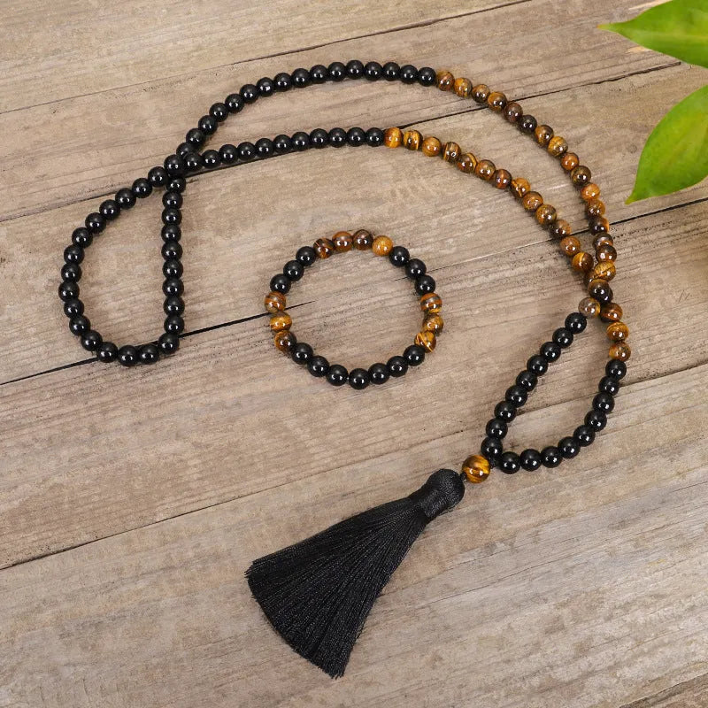 Tiger eye stone drop pendant tassel necklace chain with ball bead construction
