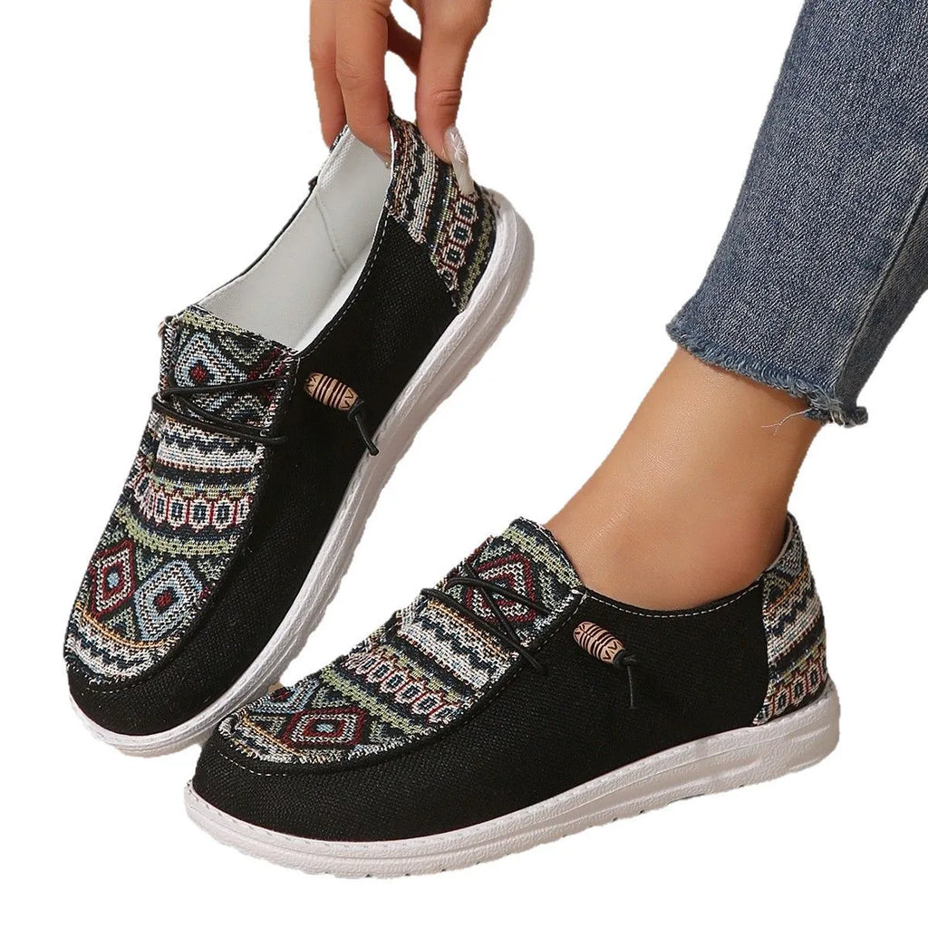 Women's flat round toe low-top slip-on shoes in black, dark grey and khaki colours