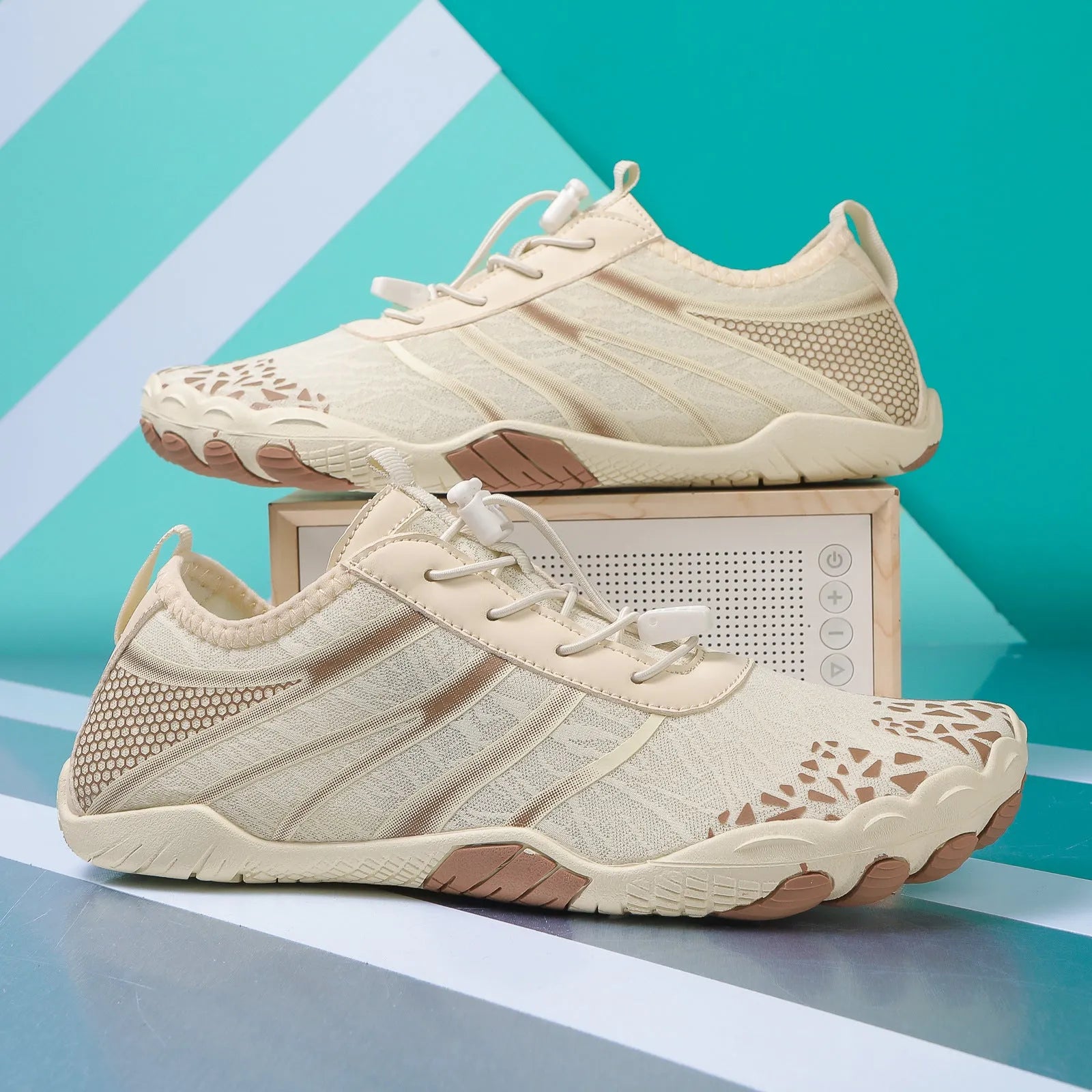 Casual unisex beach running shoes with Lycra stretch fabric upper, shown in beige colour.