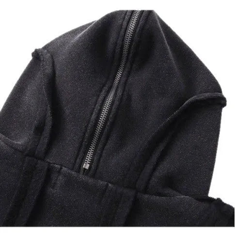 Black men's loose fit hooded cardigan coat with abstract pattern and zip front