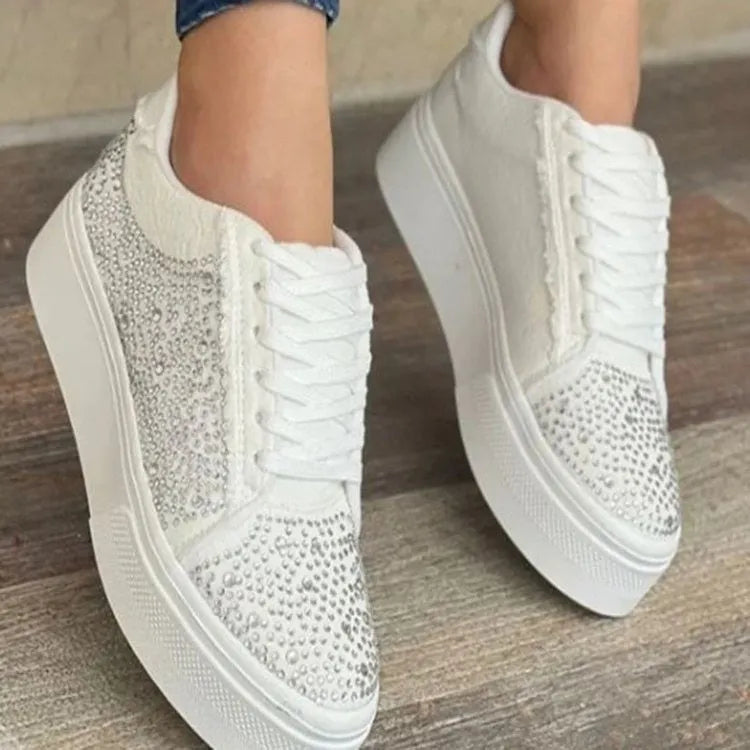 Plus size women's black casual shoes with rhinestone decoration, chunky rubber sole, and front lace-up