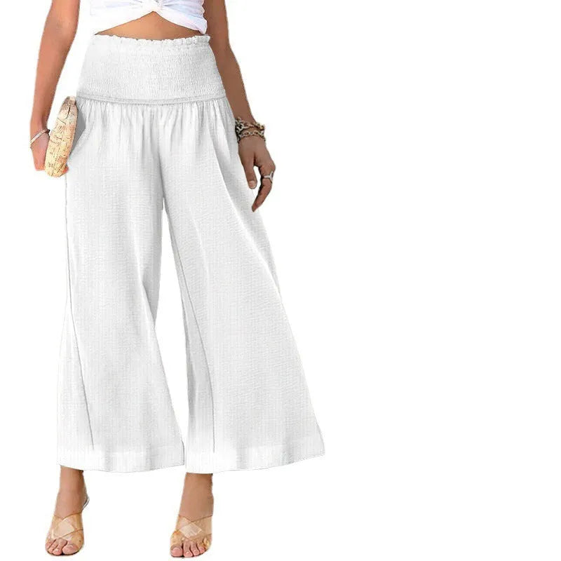 Women's high waist cotton blend trousers in cropped straight-leg style with pleating detail