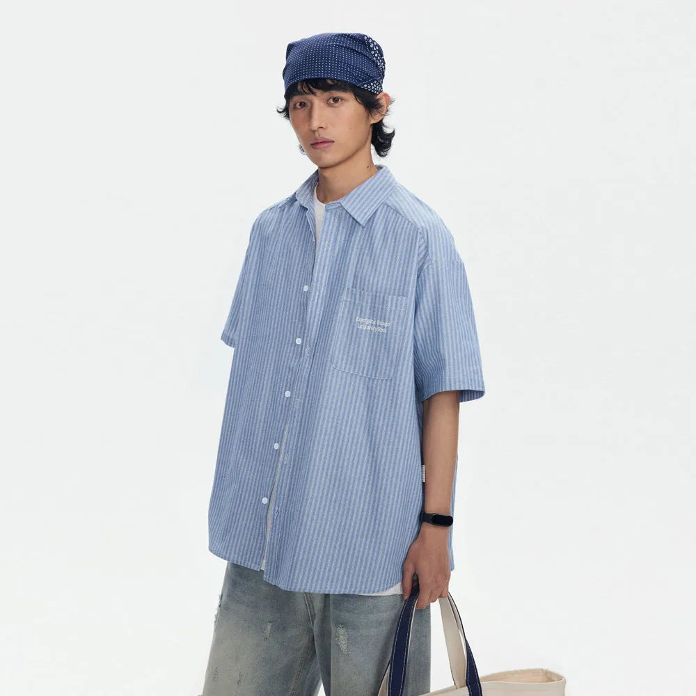 Blue striped short-sleeved overalls shirt cardigan loose fit on hanger